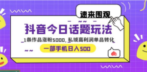 抖音今日话题玩法，1条作品涨粉5000，私域高利润单品转化 一部手机日入500